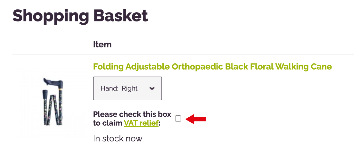 Screenshot of the VAT relief tick box at the checkout stage of Walkingsticks.co.uk